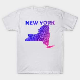 Colorful mandala art map of New York with text in blue and violet T-Shirt